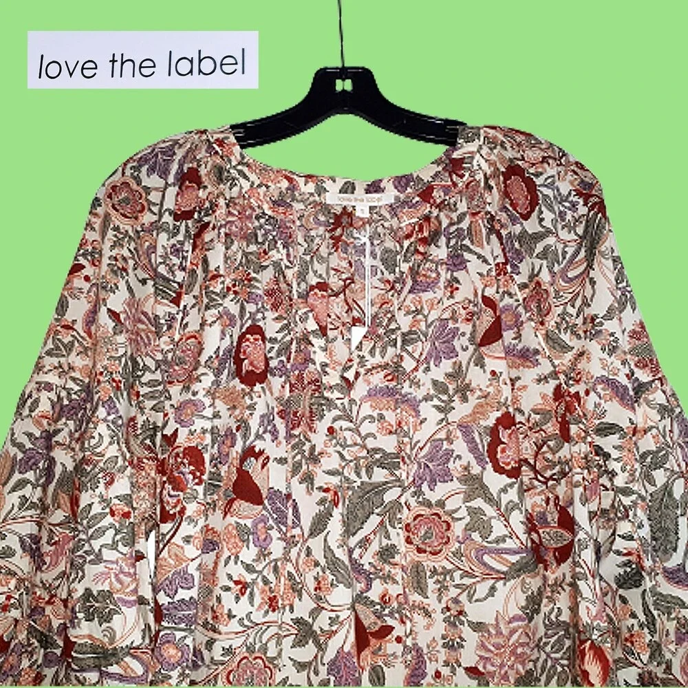 Love the Label by Anthropologie NEW Peasant Botanical Split Neck Boho Blouse S